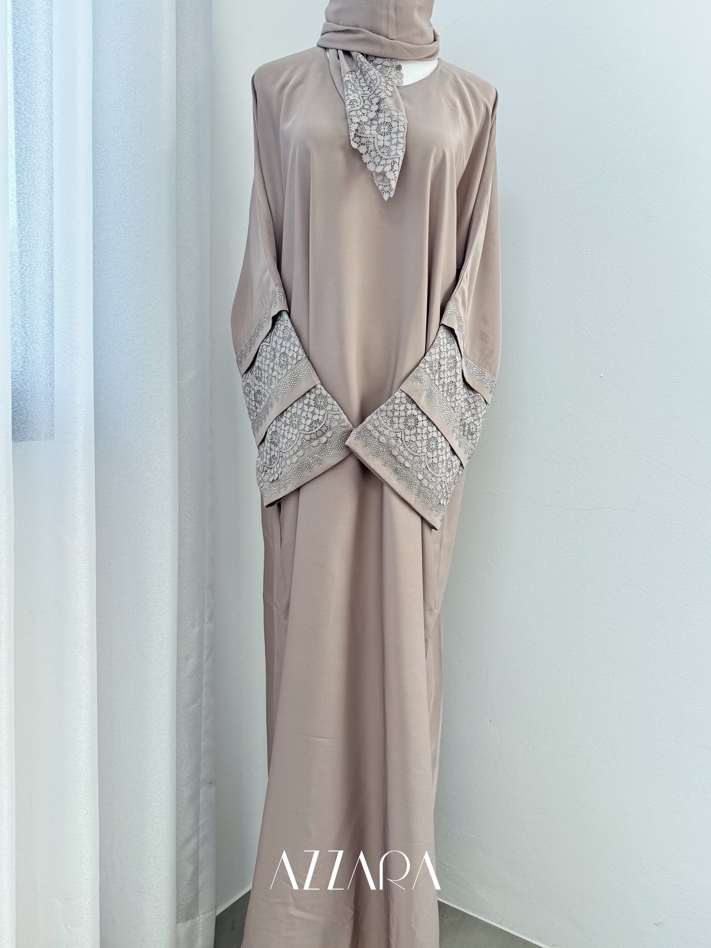 (G014) Syawal Abaya - Layered Laces in Beige