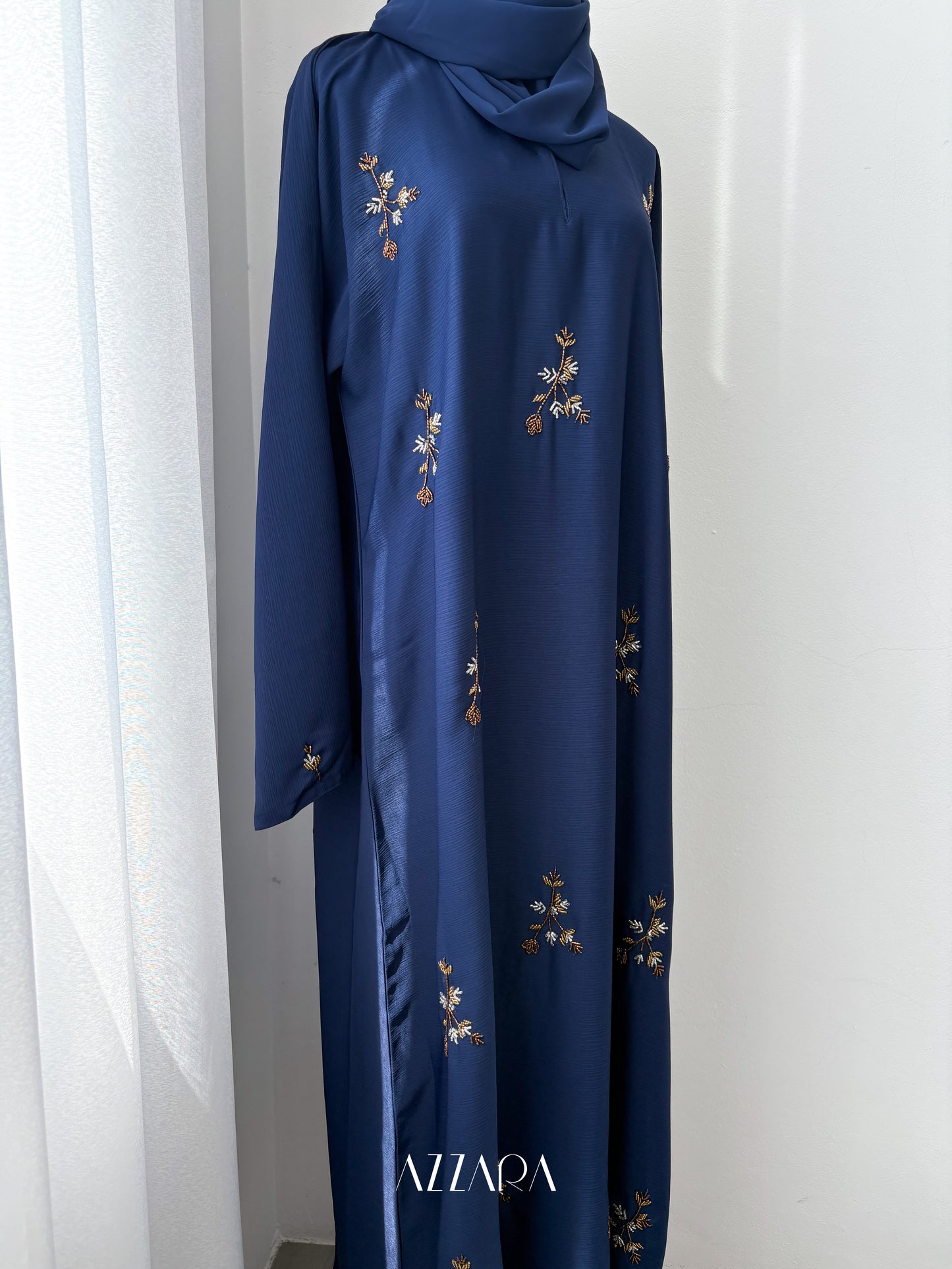 (N022) Zahraat - Golden Flower Patches abaya in Navy Blue