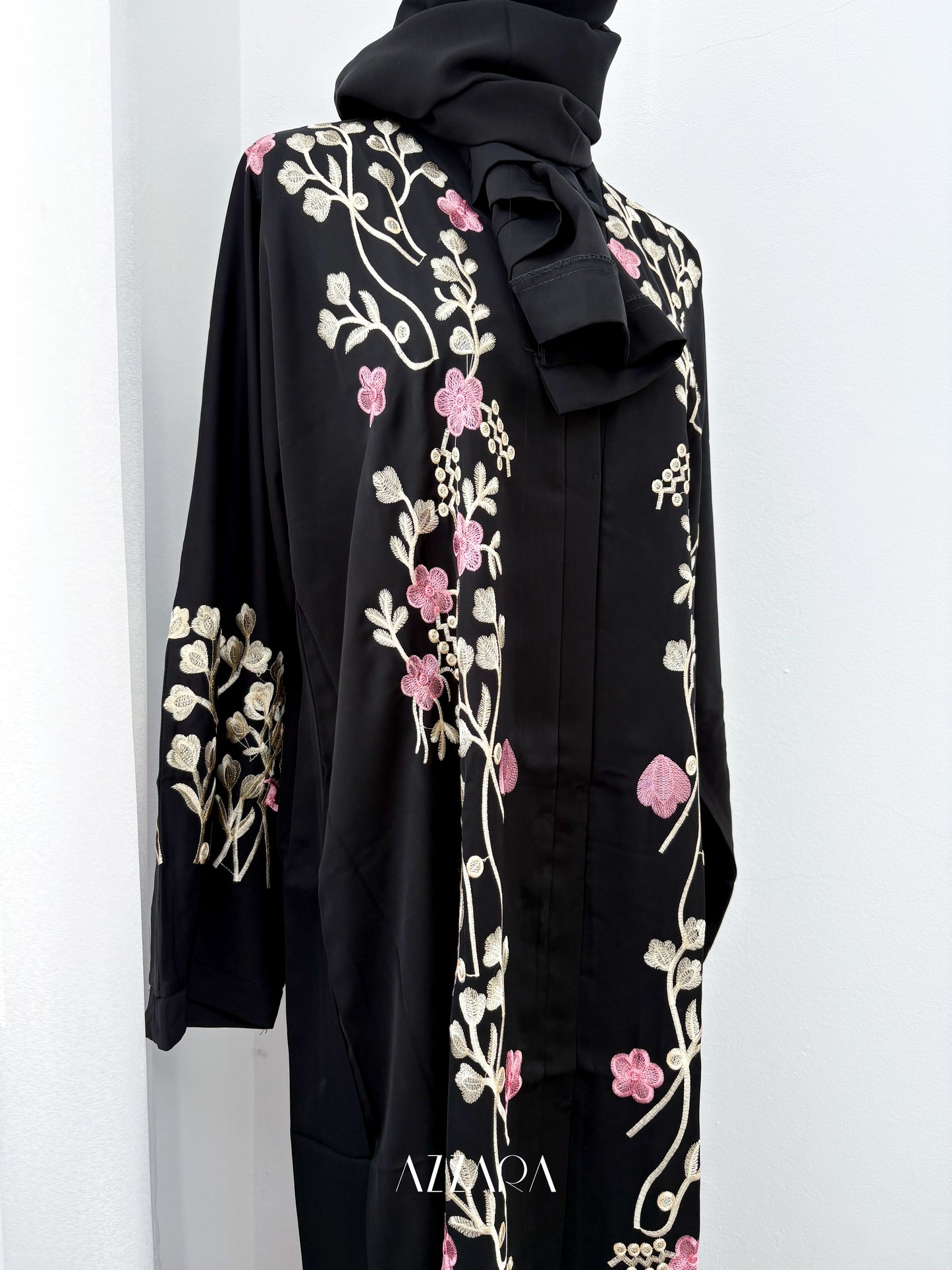 Sahara Abaya (D072) - Black Flower Embroidery