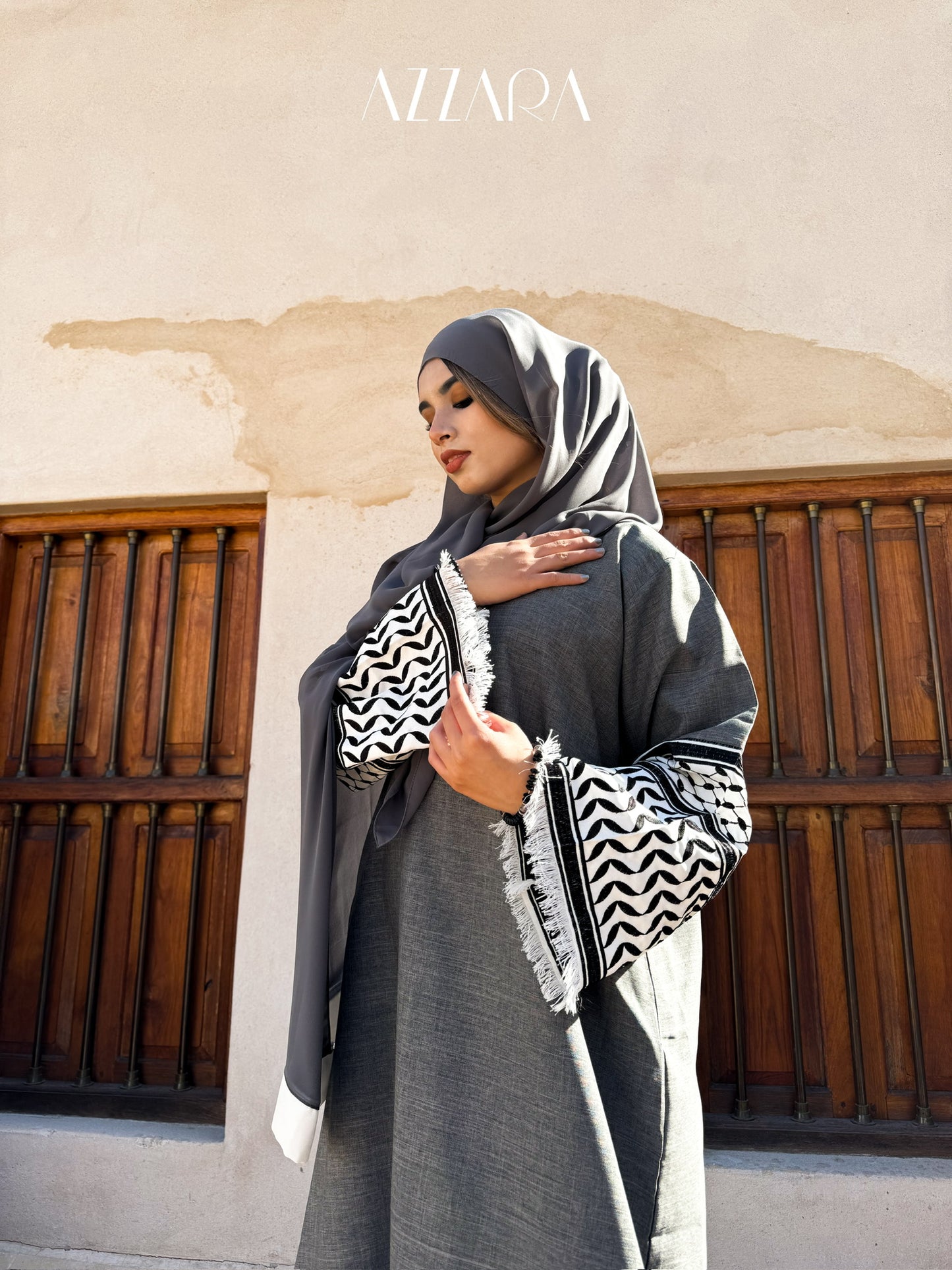 (E008) Jannah - Keffiyah Abaya (Grey)