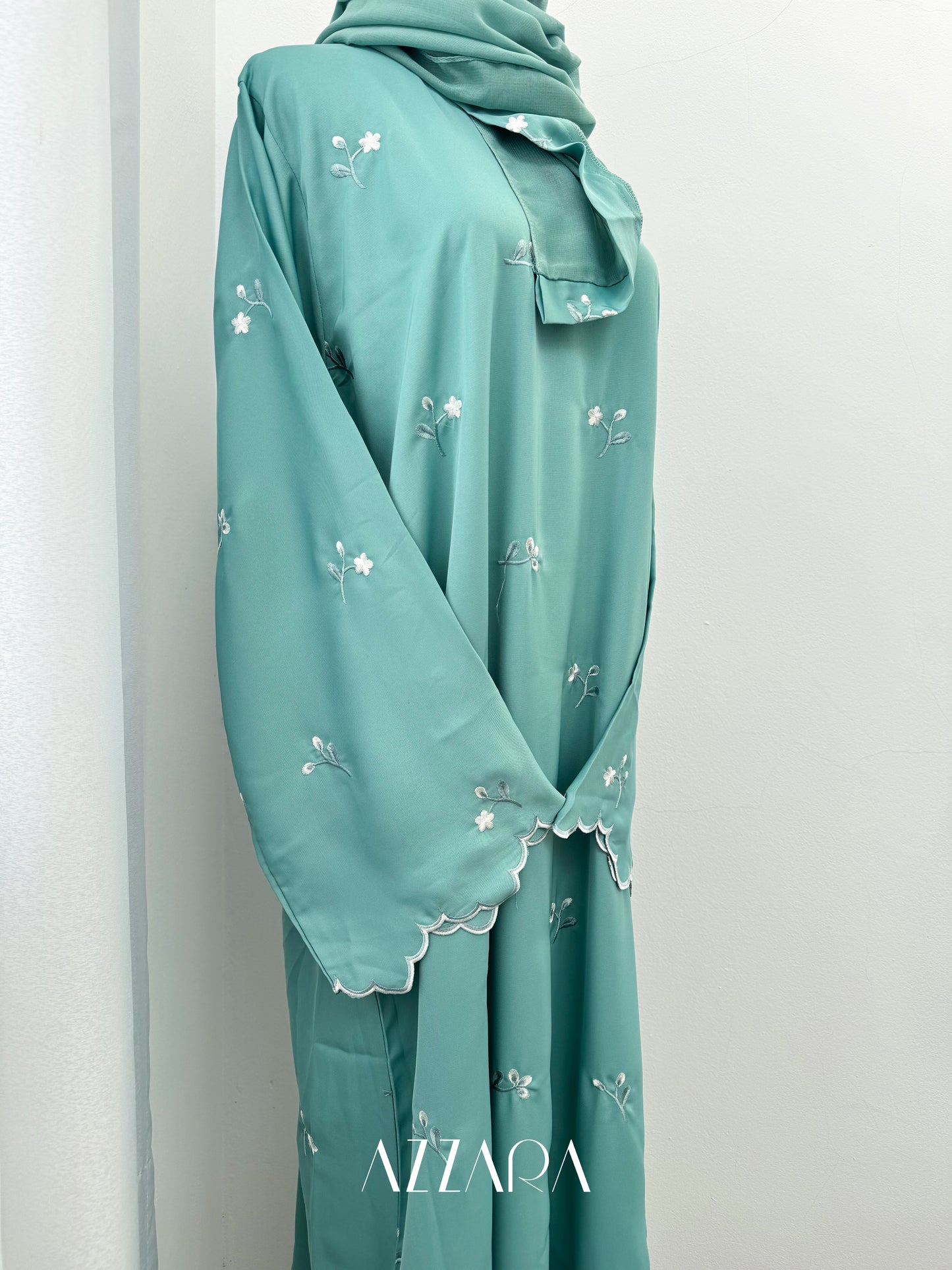 (G027) Syawal Abaya - Patching Mini Flowers in Tiffany Blue