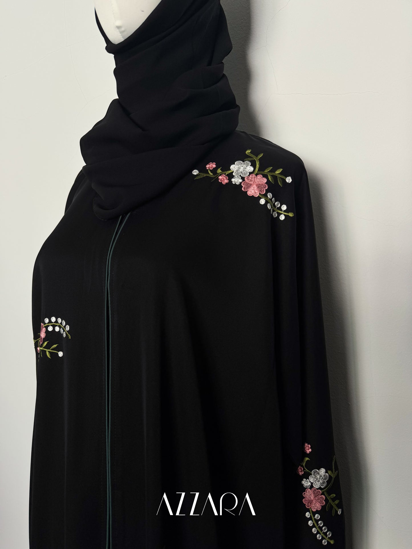Ajman Abaya (A070) - Black abaya embroid patching