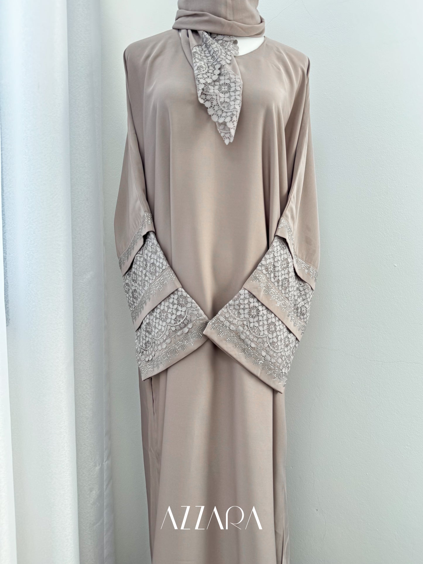 (G014) Syawal Abaya - Layered Laces in Beige
