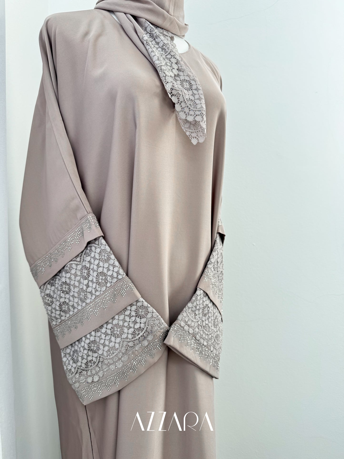 (G014) Syawal Abaya - Layered Laces in Beige