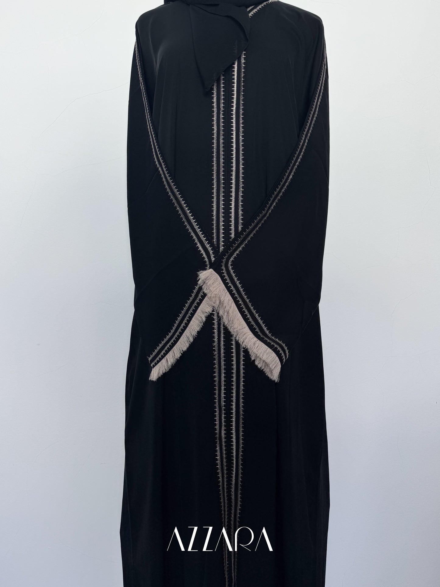 Ajman Abaya (A061) - Black with beige frayed
