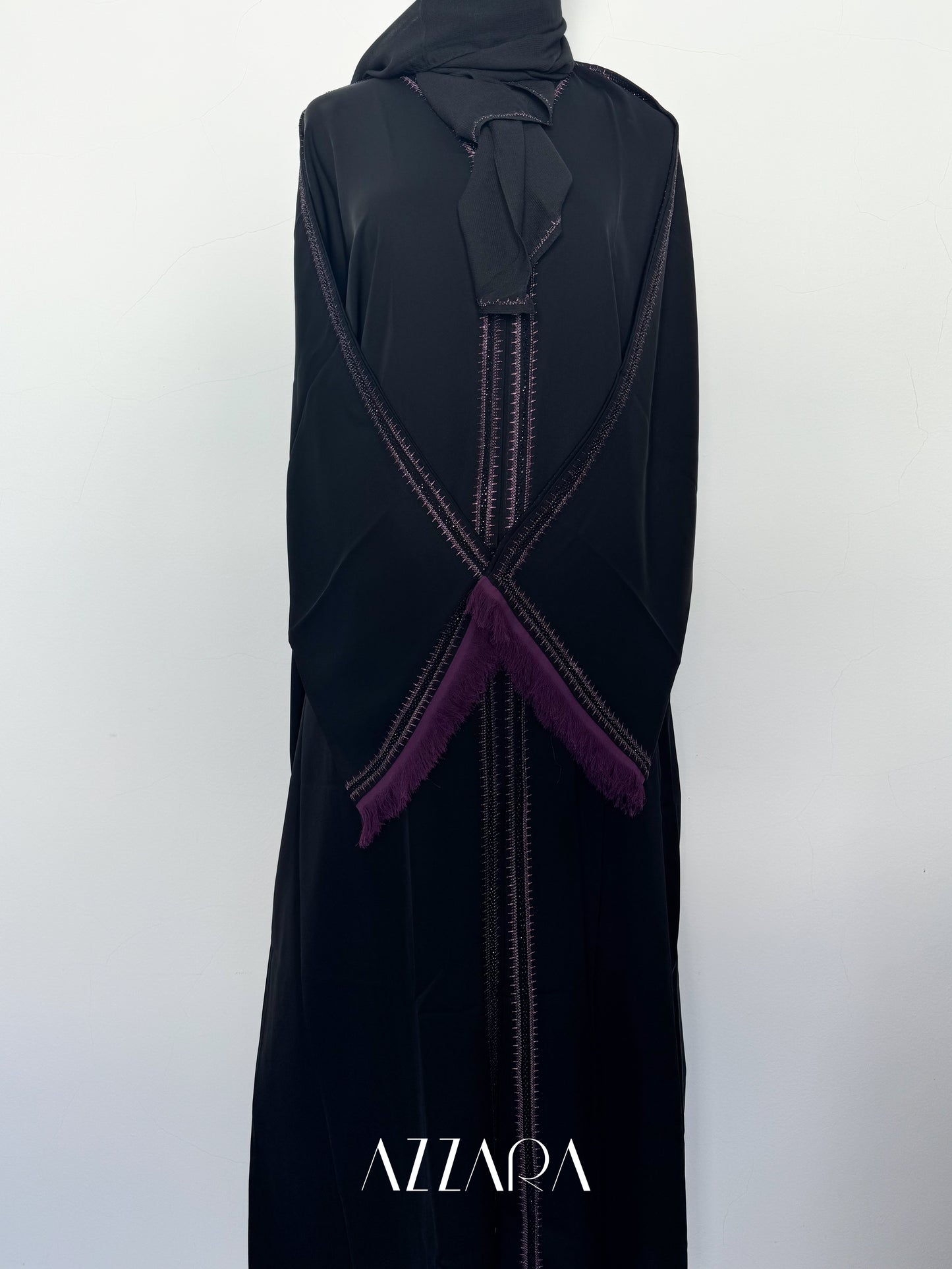 Ajman Abaya (A063) - Black with purple frayed