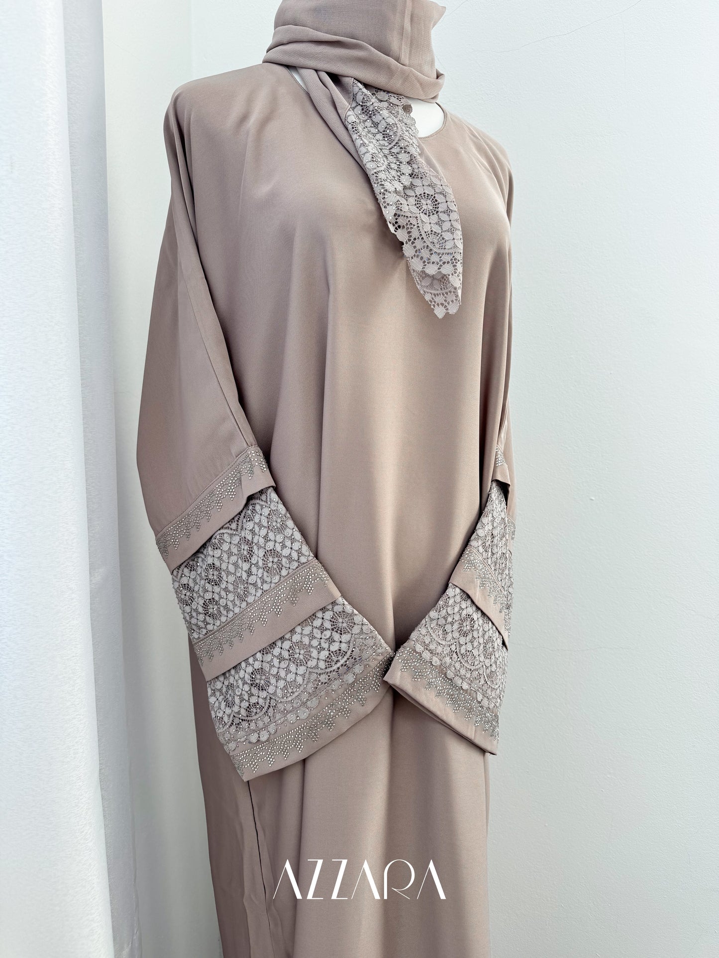 (G014) Syawal Abaya - Layered Laces in Beige