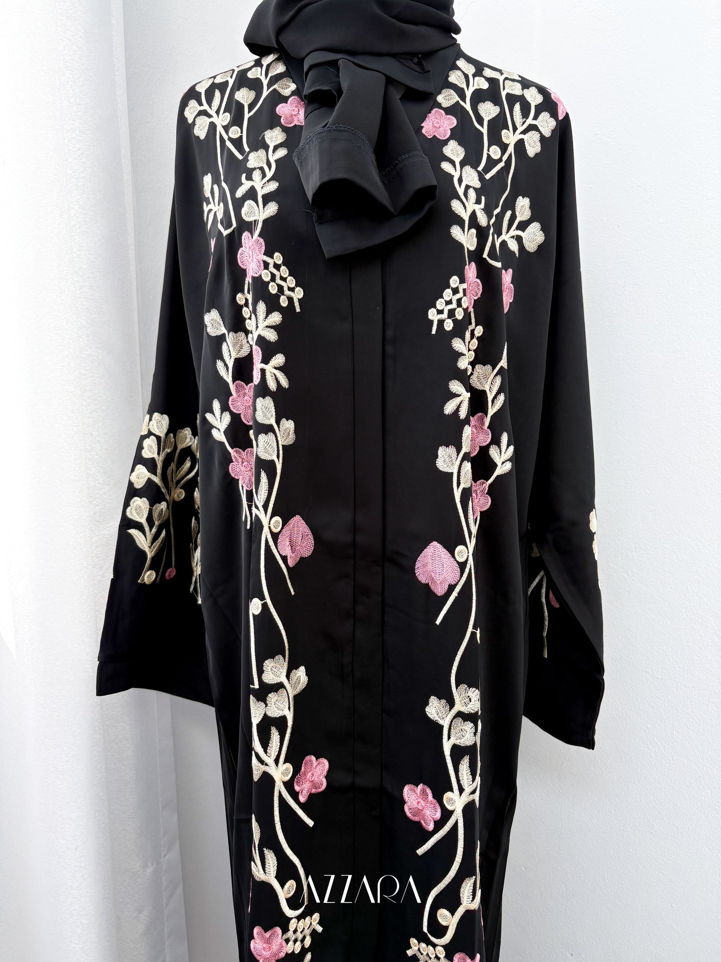Sahara Abaya (D072) - Black Flower Embroidery
