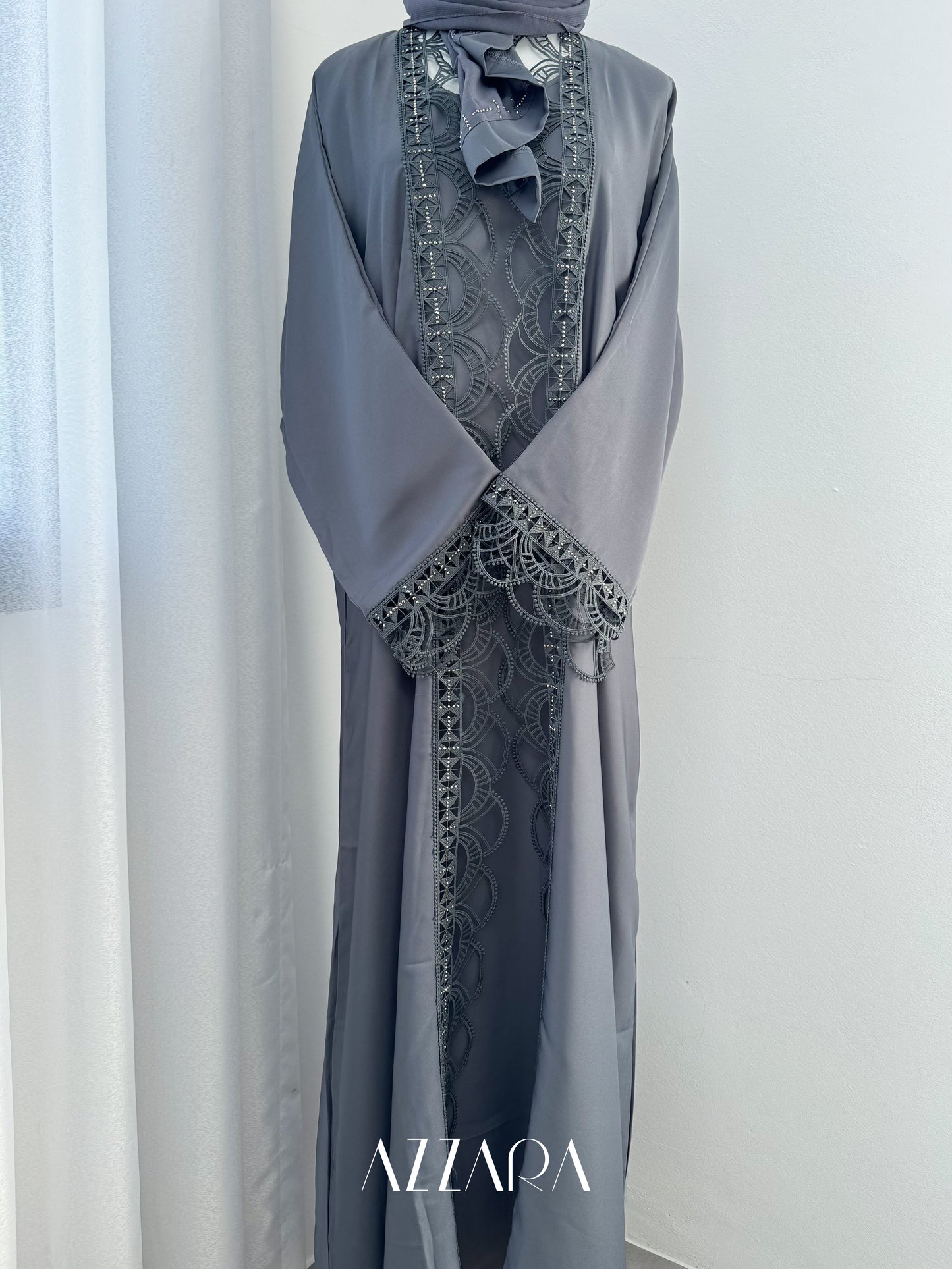 (G022) Syawal Abaya - Majestic Lace in Dark Gray