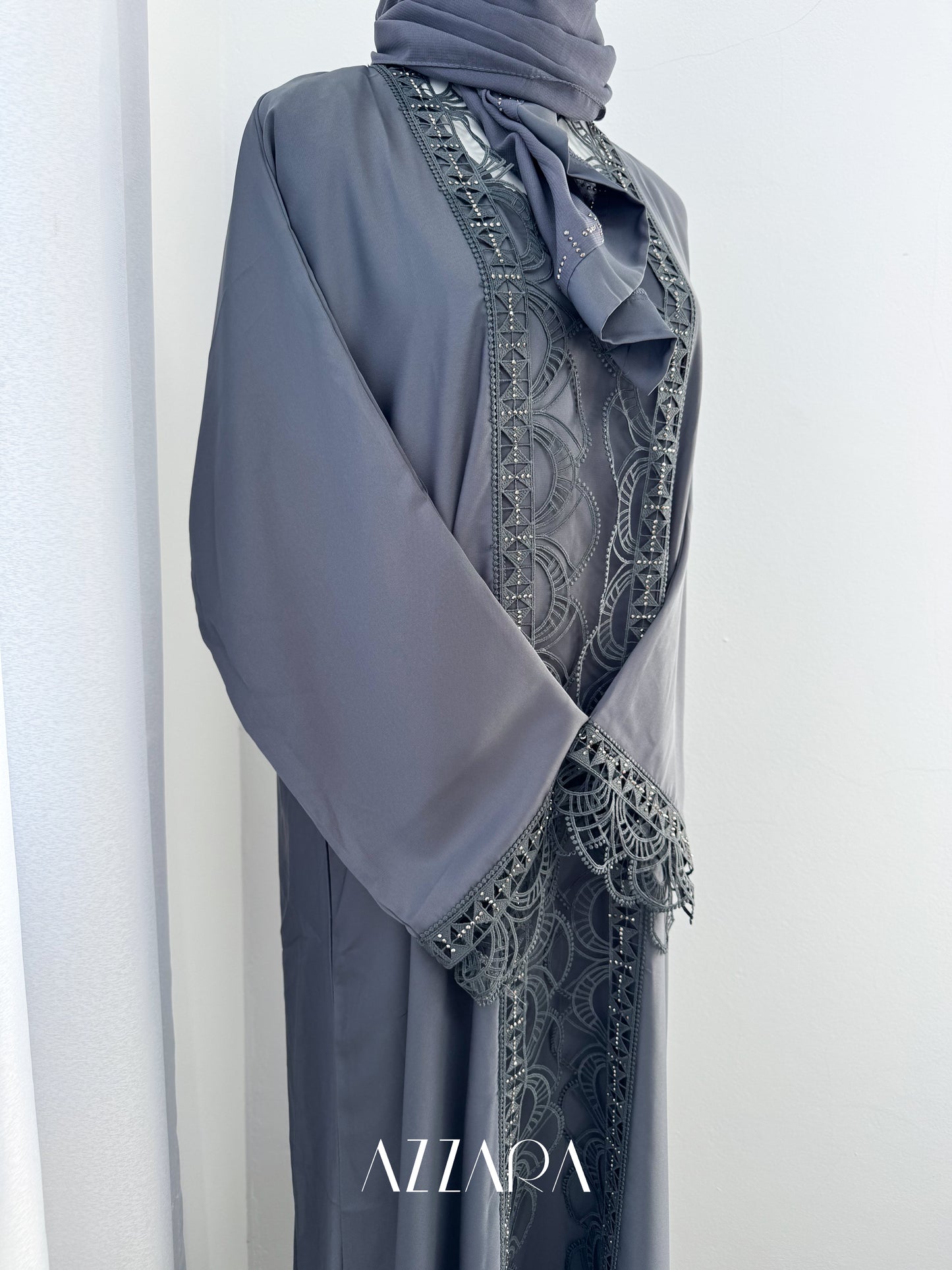 (G022) Syawal Abaya - Majestic Lace in Dark Gray