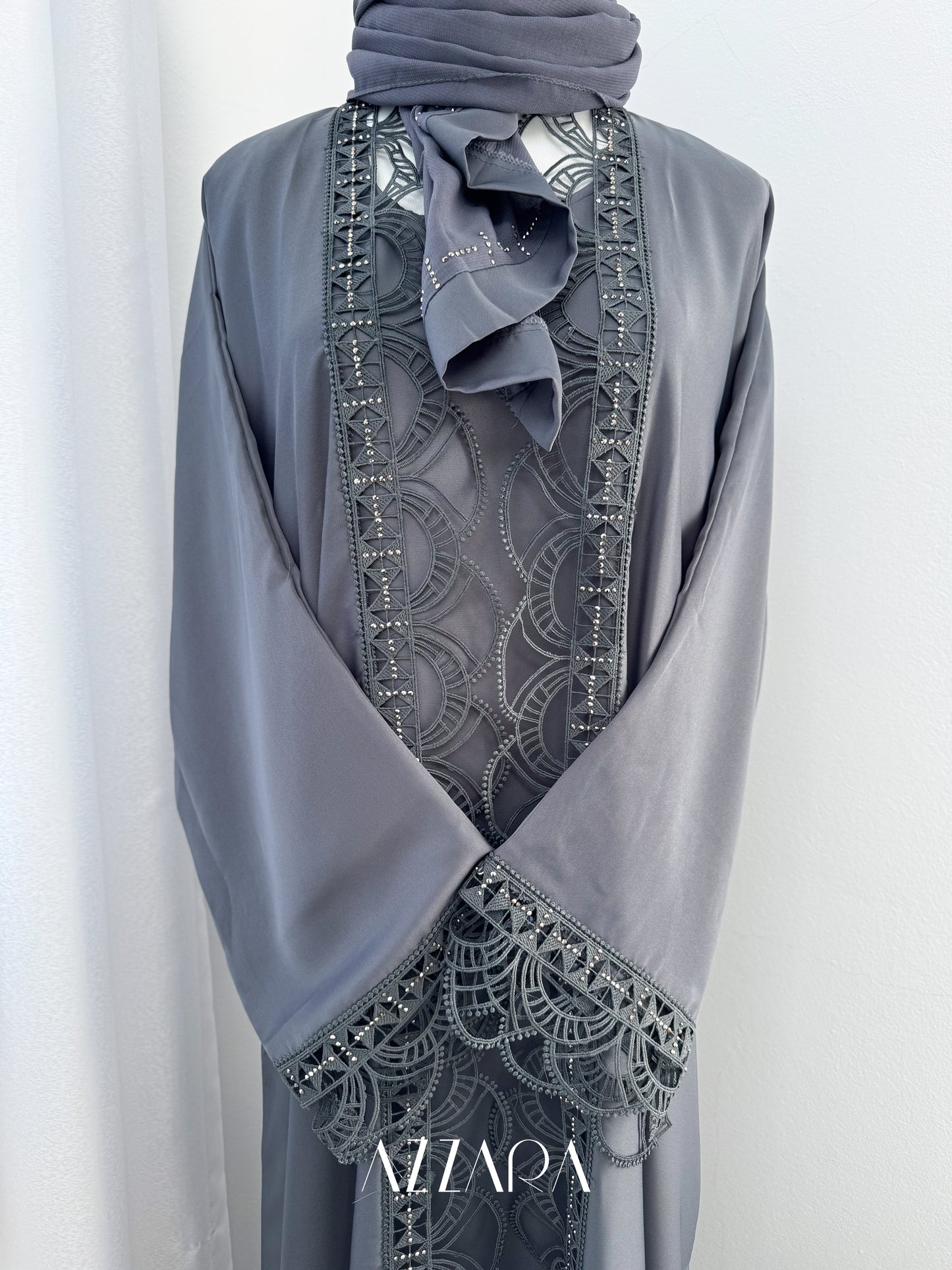 (G022) Syawal Abaya - Majestic Lace in Dark Gray