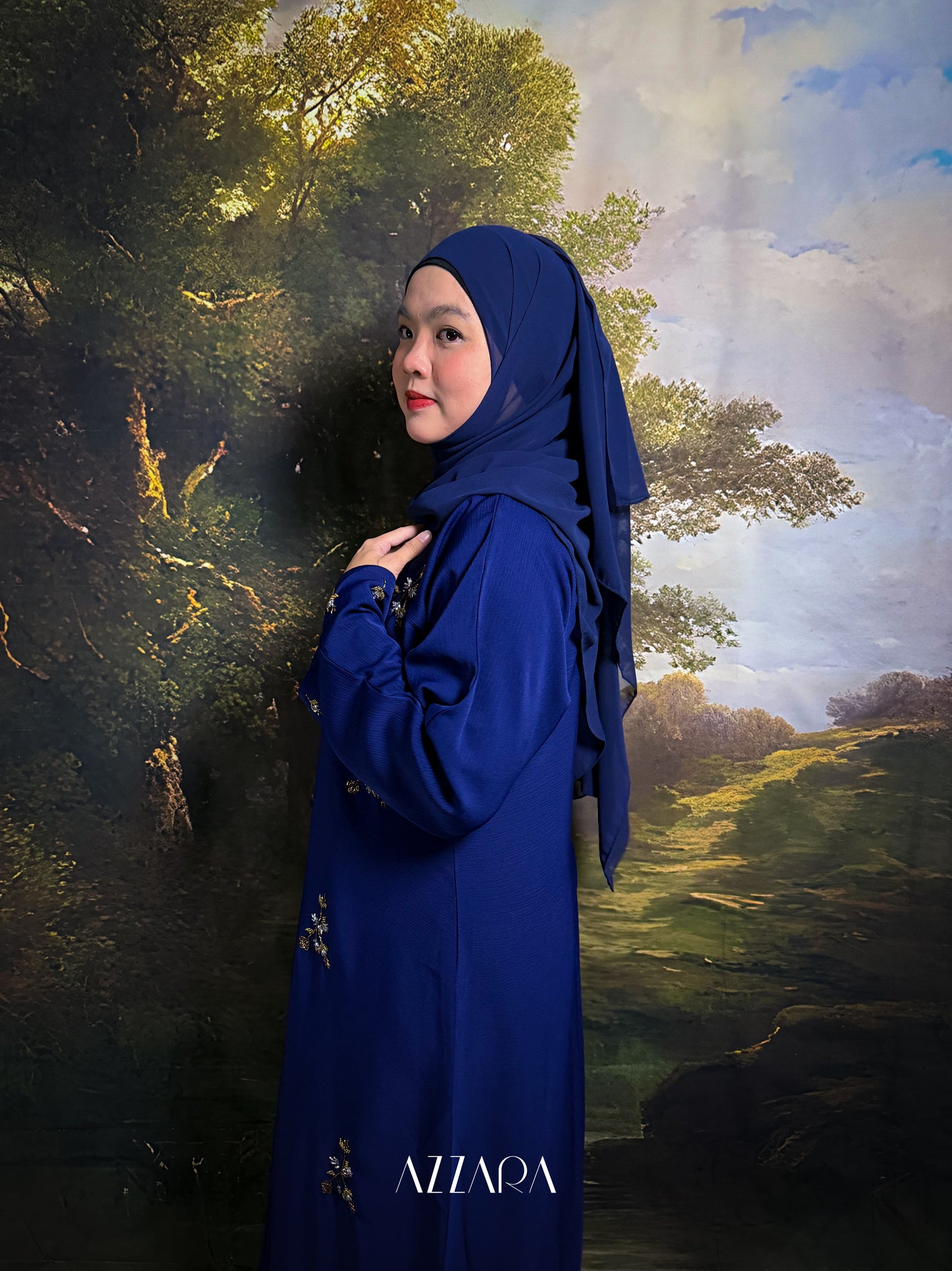 (N022) Zahraat - Golden Flower Patches abaya in Navy Blue