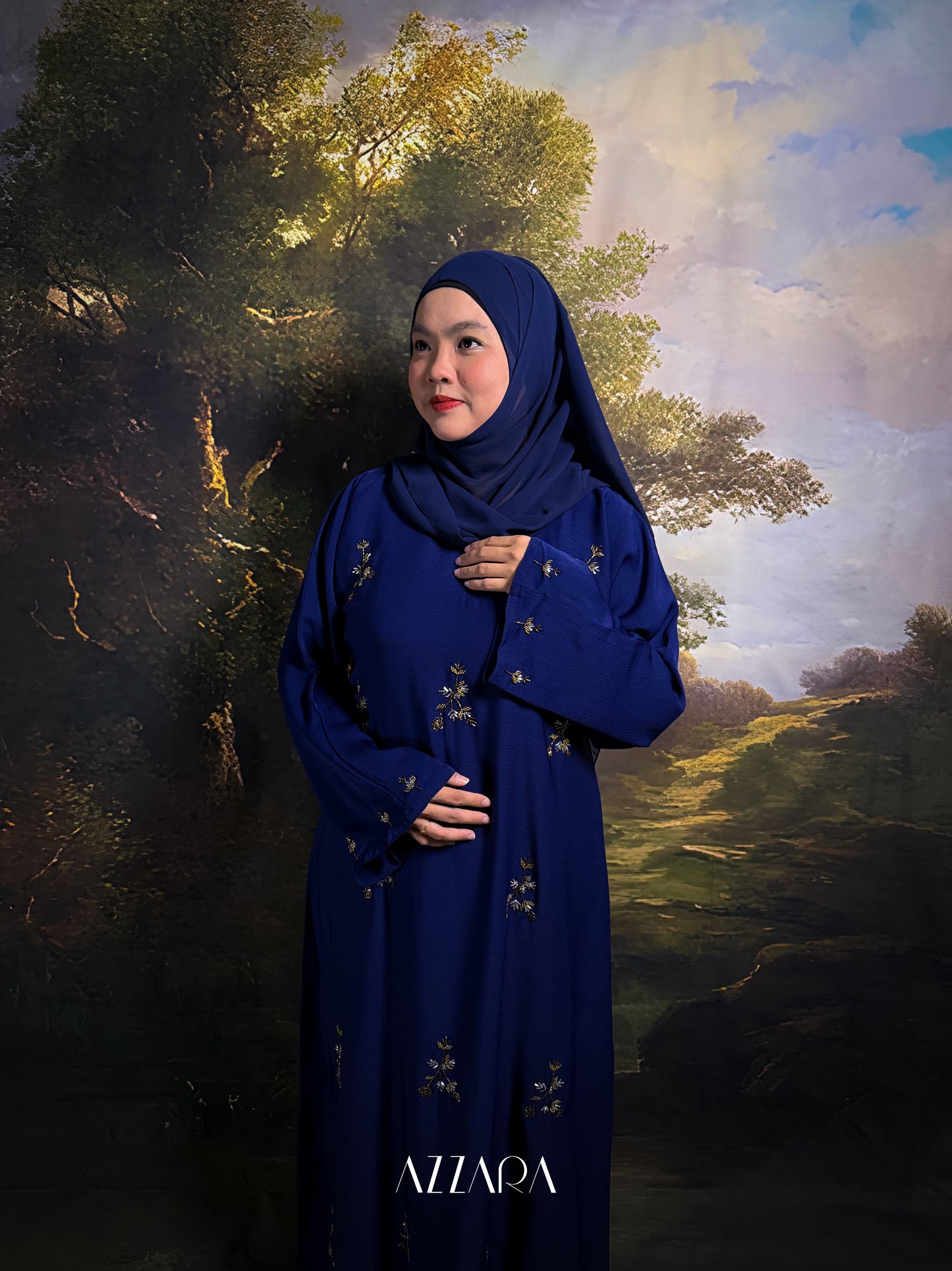(N022) Zahraat - Golden Flower Patches abaya in Navy Blue