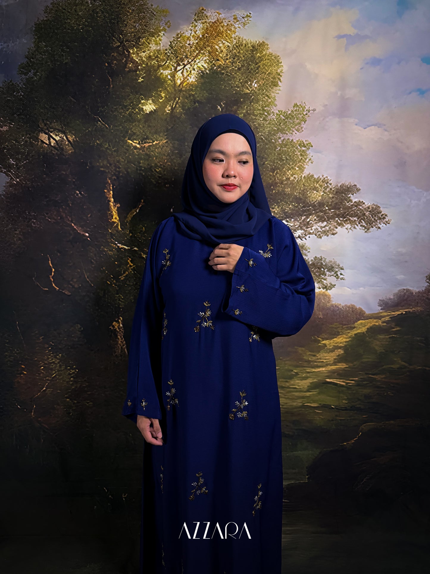 (N022) Zahraat - Golden Flower Patches abaya in Navy Blue