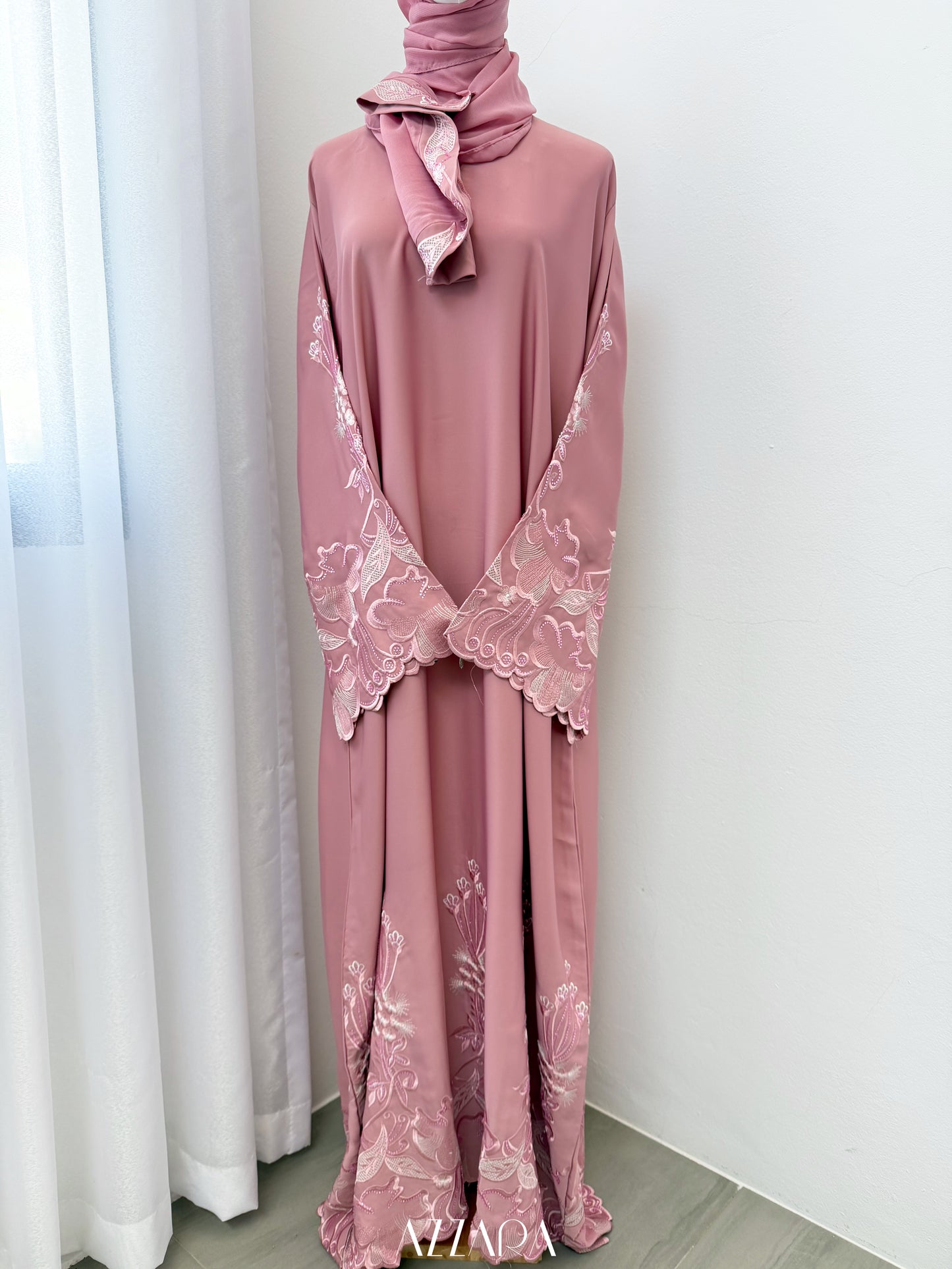 (D094) Sahara Abaya - Salmon Pink Full Embroidery