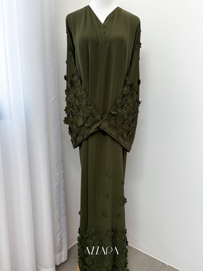 (D083) Sahara Abaya - Floral 3D in green