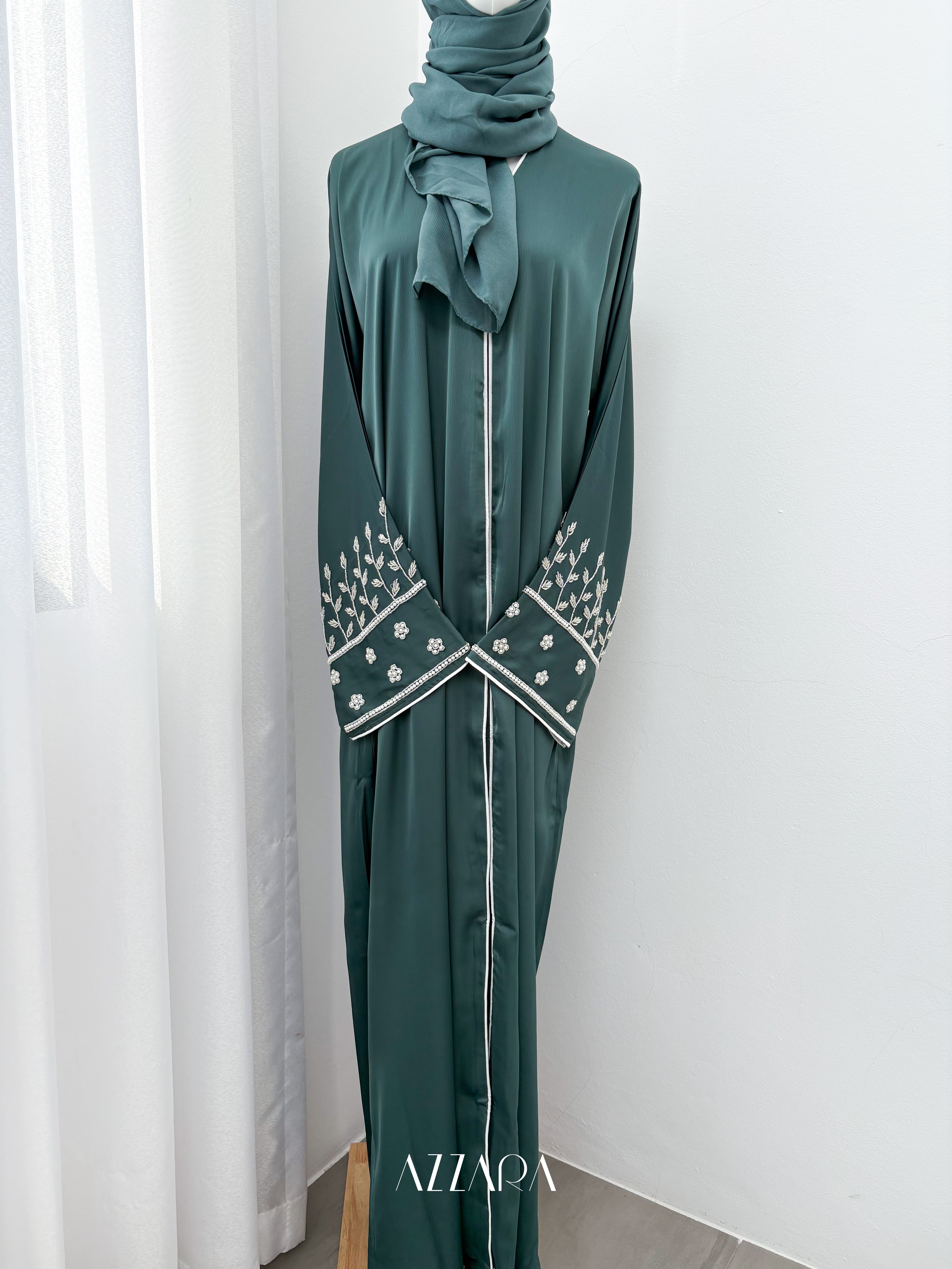 D069) Sahara Abaya - Handworks Abaya (Petrol Cyan) – Azzara