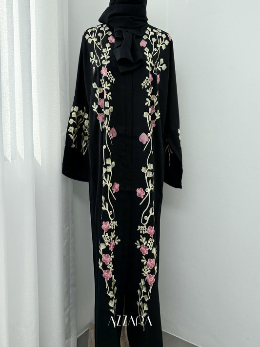Sahara Abaya (D072) - Black Flower Embroidery
