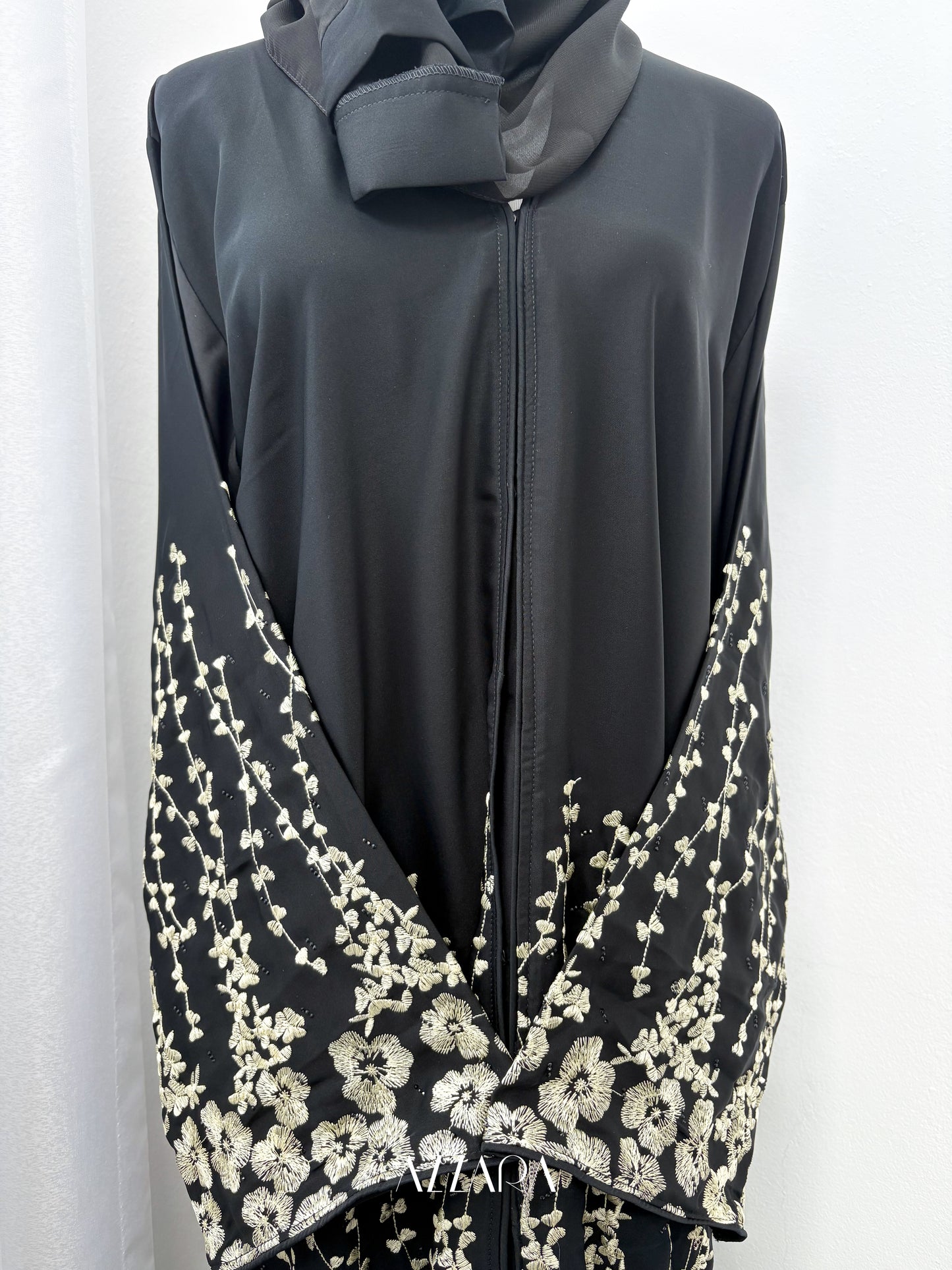 Sahara Abaya (D077) - Beige Tiny Flower Embroidery