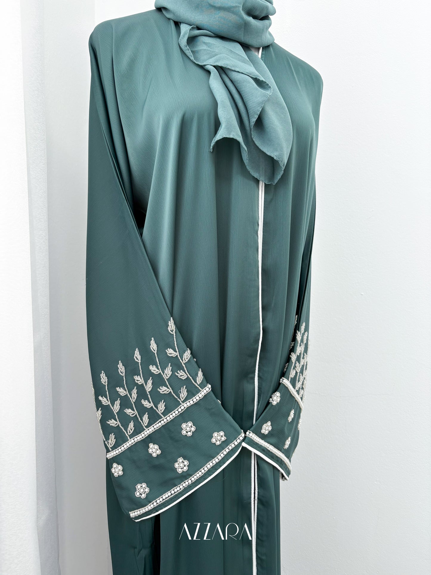 (D069) Sahara Abaya - Handworks Abaya (Petrol Cyan)