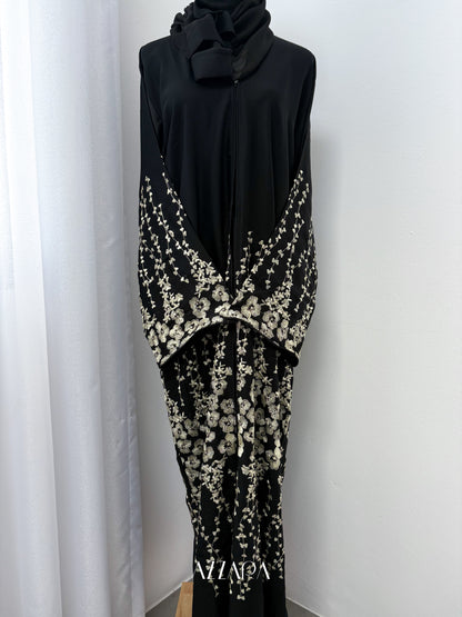 Sahara Abaya (D077) - Beige Tiny Flower Embroidery