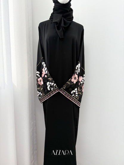 Sahara Abaya (D073) - Black Flower Hand Embroidery
