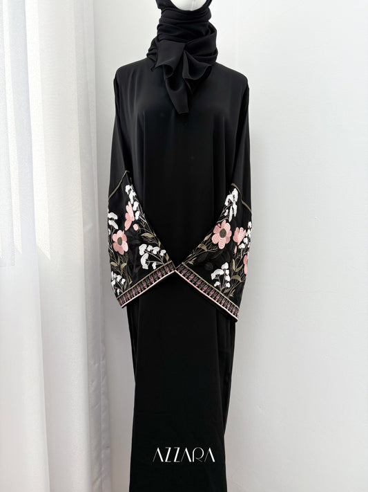 Sahara Abaya (D073) - Black Flower Hand Embroidery