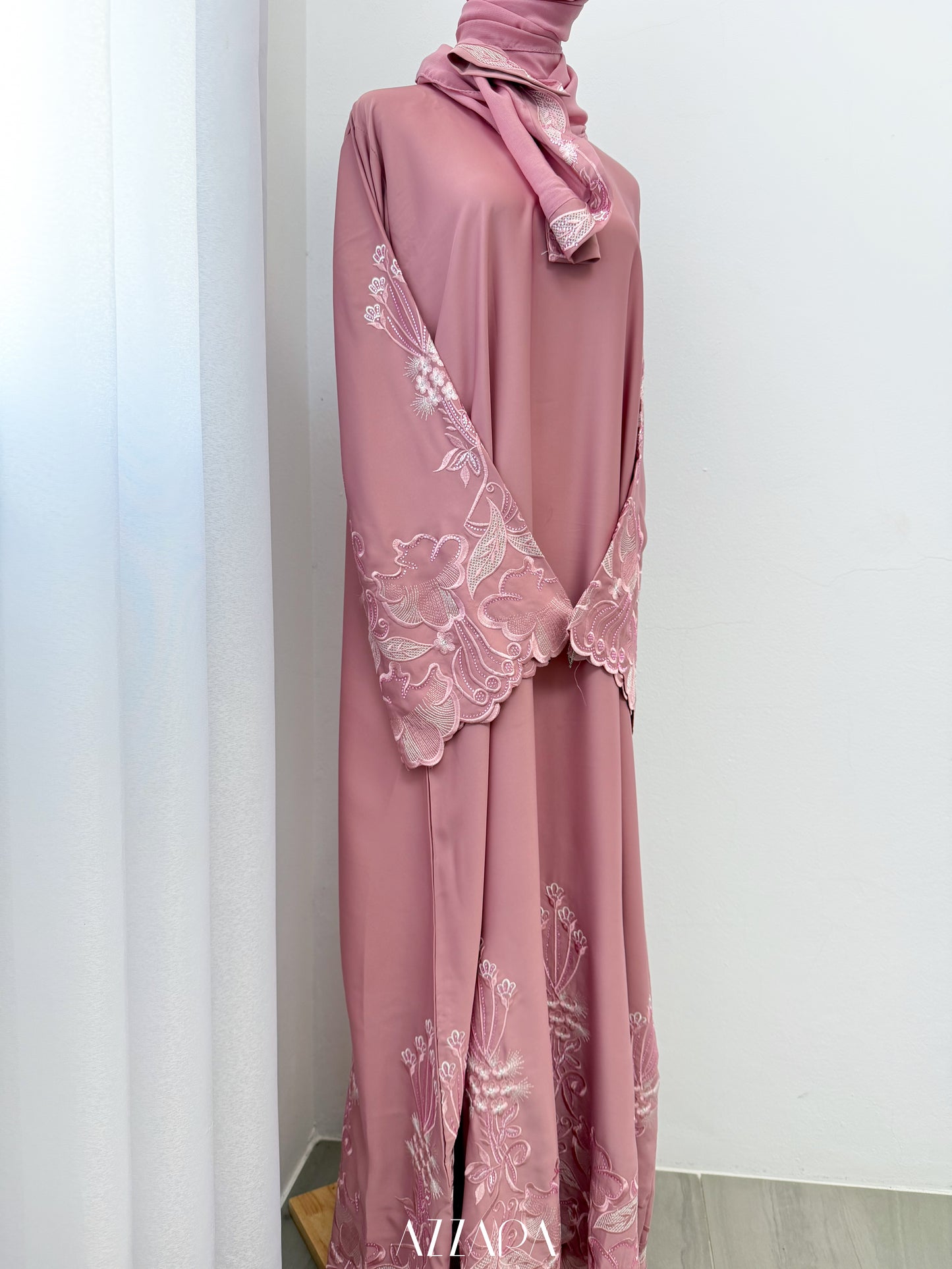 (D094) Sahara Abaya - Salmon Pink Full Embroidery