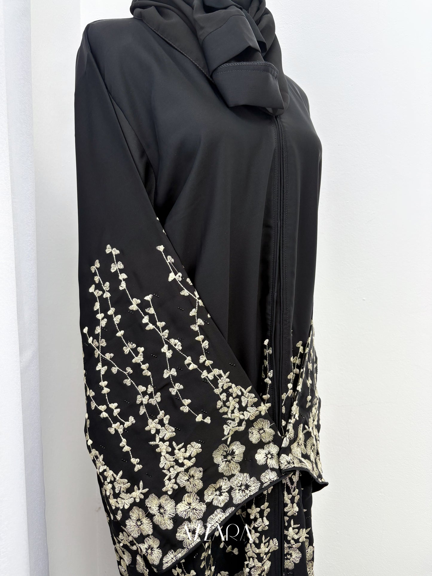 Sahara Abaya (D077) - Beige Tiny Flower Embroidery