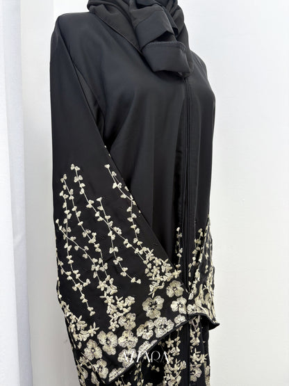 Sahara Abaya (D077) - Beige Tiny Flower Embroidery