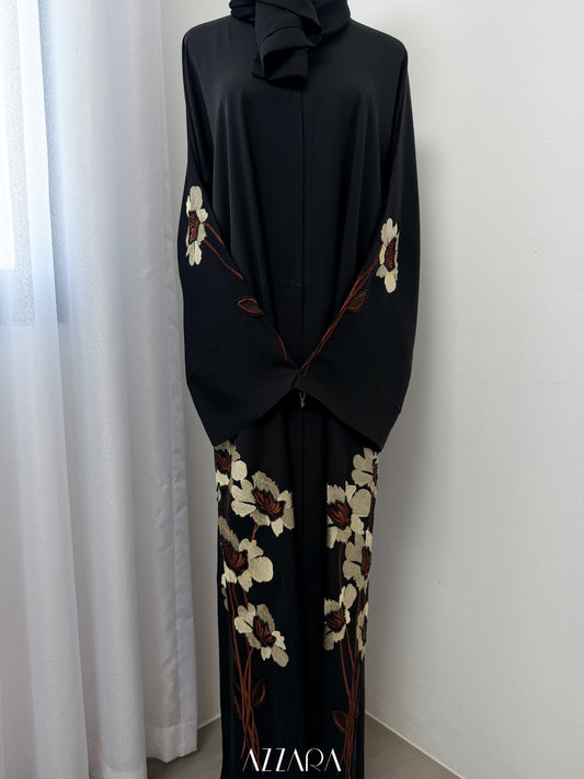(D090) Sahara Abaya - Brown Flower Embroidery
