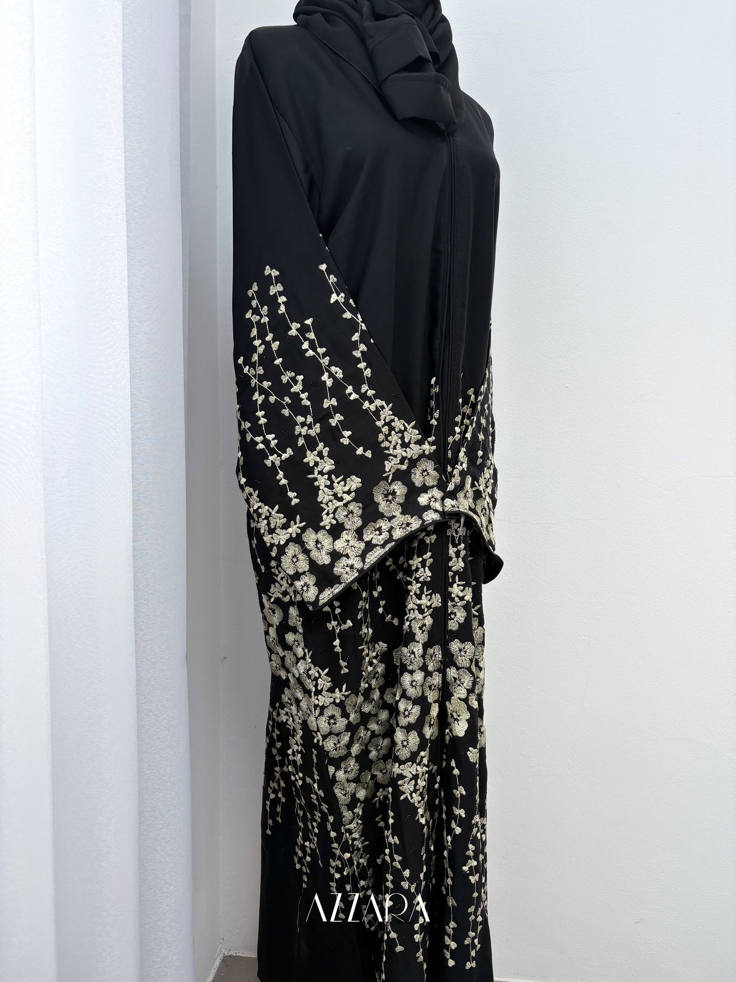Sahara Abaya (D077) - Beige Tiny Flower Embroidery