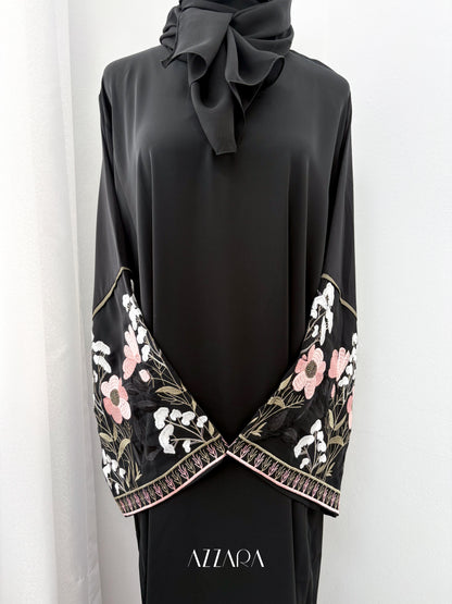 Sahara Abaya (D073) - Black Flower Hand Embroidery