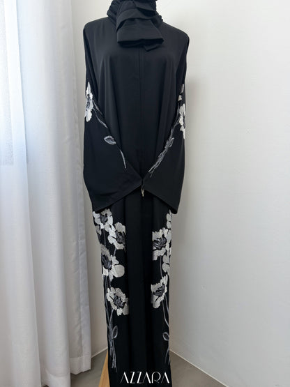 (D091) Sahara Abaya - Gray Flower Embroidery