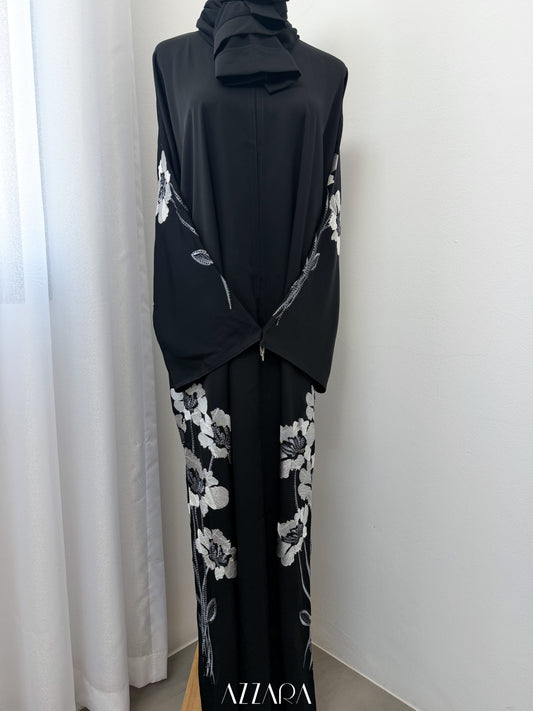 (D091) Sahara Abaya - Gray Flower Embroidery