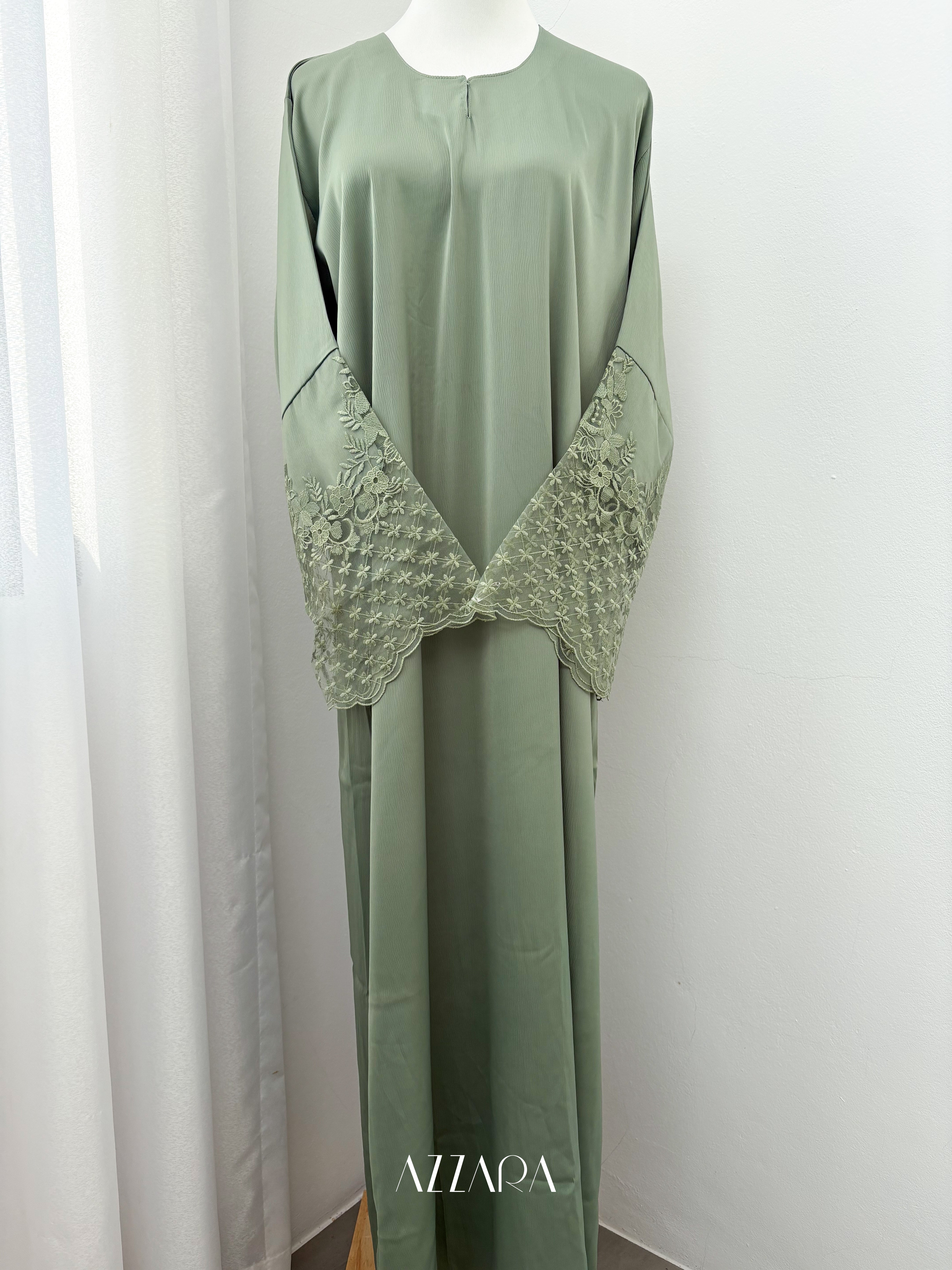 D071) Sahara Abaya - Green lace abaya (No Hijab) – Azzara