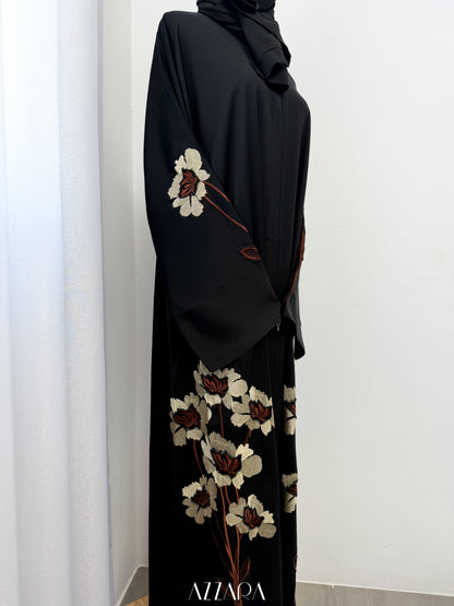 (D090) Sahara Abaya - Brown Flower Embroidery