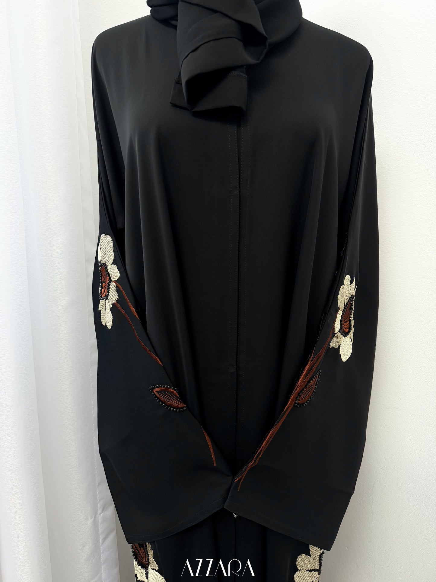 (D090) Sahara Abaya - Brown Flower Embroidery