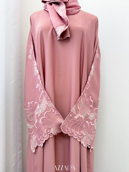 (D094) Sahara Abaya - Salmon Pink Full Embroidery