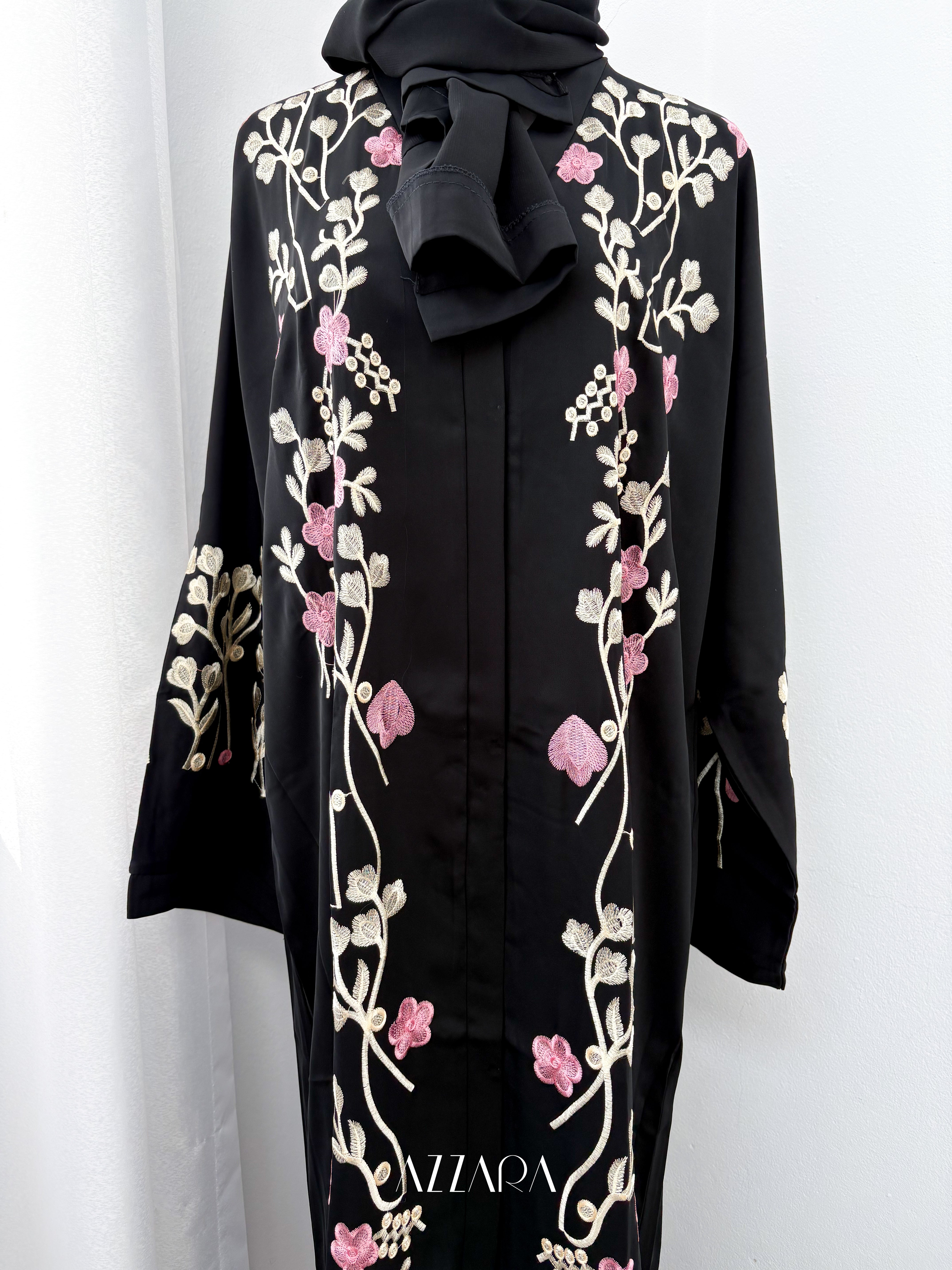 D072) Sahara Abaya - Black Flower Embroidery – Azzara