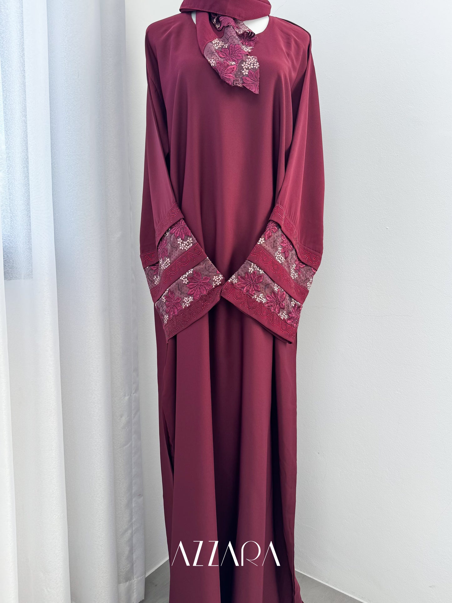 (G012) Syawal Abaya - Layered Laces in Burgundy