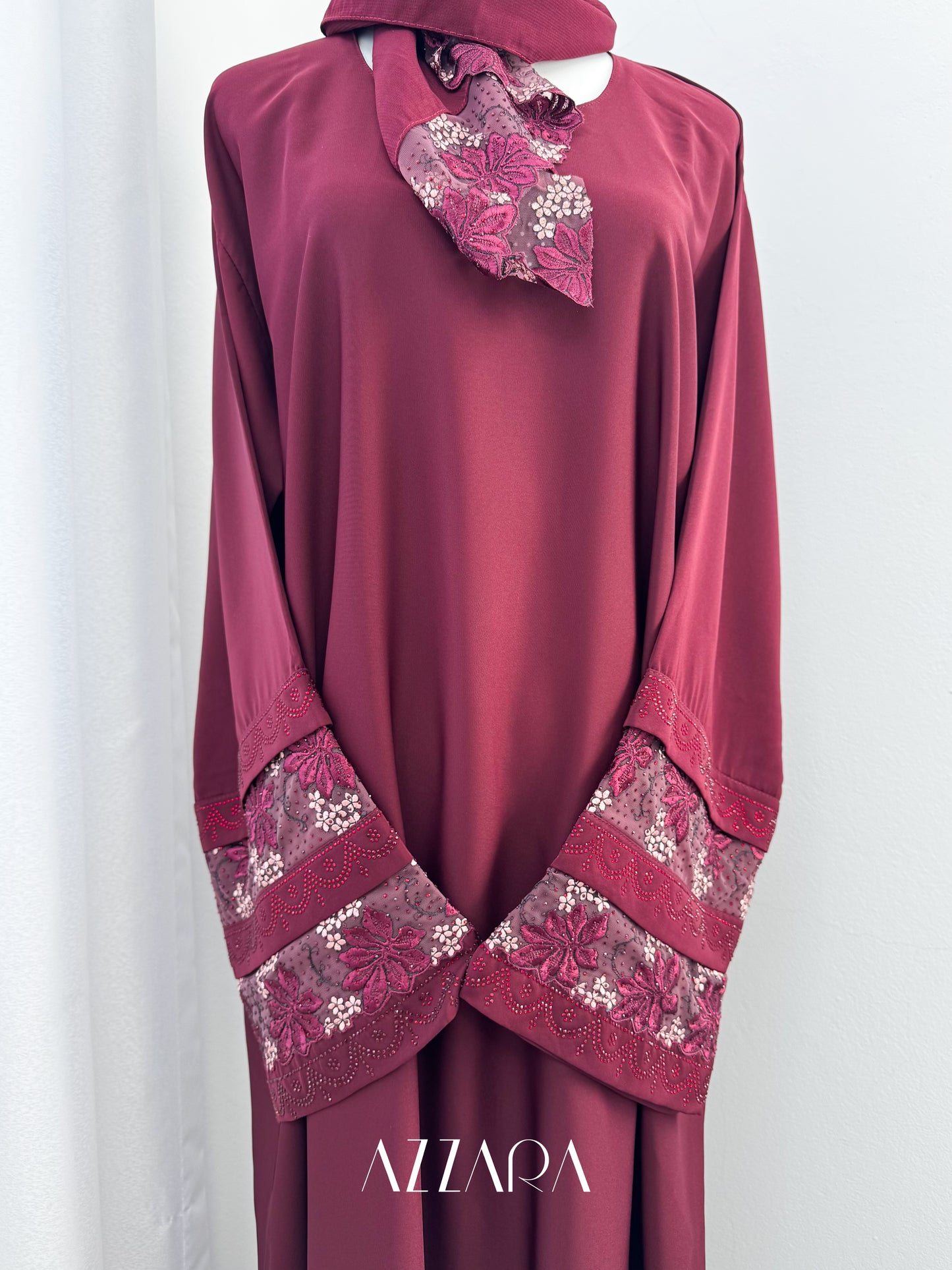 (G012) Syawal Abaya - Layered Laces in Burgundy