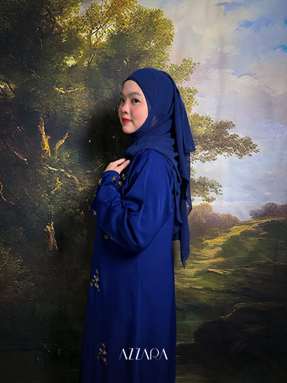 (N022) Zahraat - Golden Flower Patches abaya in Navy Blue
