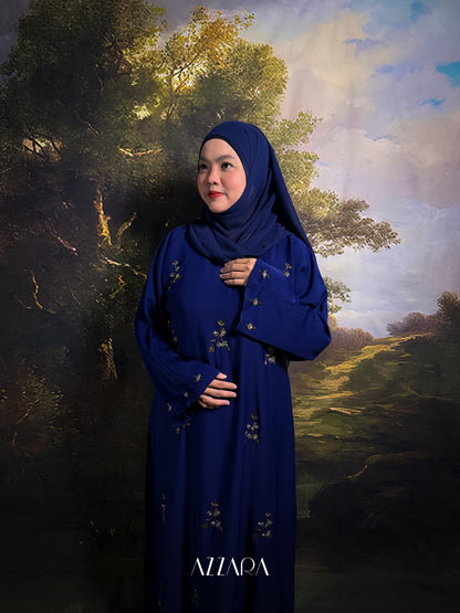 (N022) Zahraat - Golden Flower Patches abaya in Navy Blue