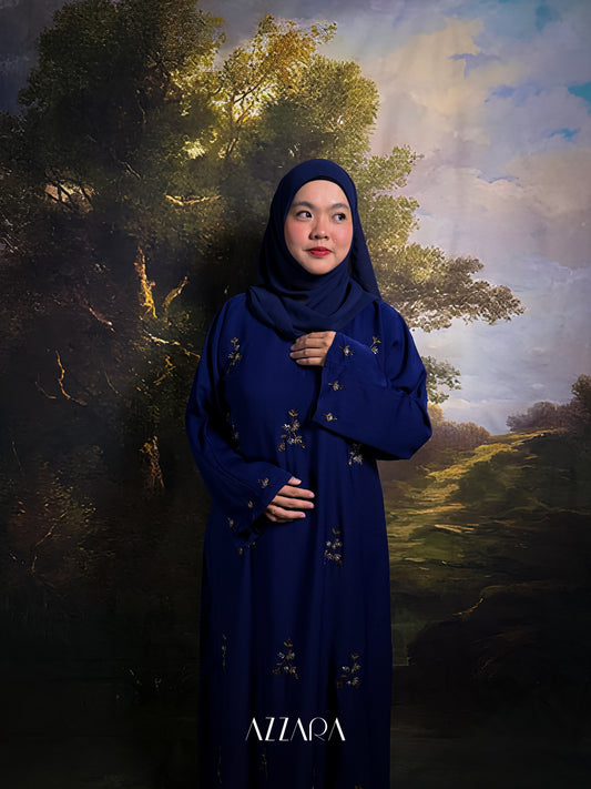 (N022) Zahraat - Golden Flower Patches abaya in Navy Blue