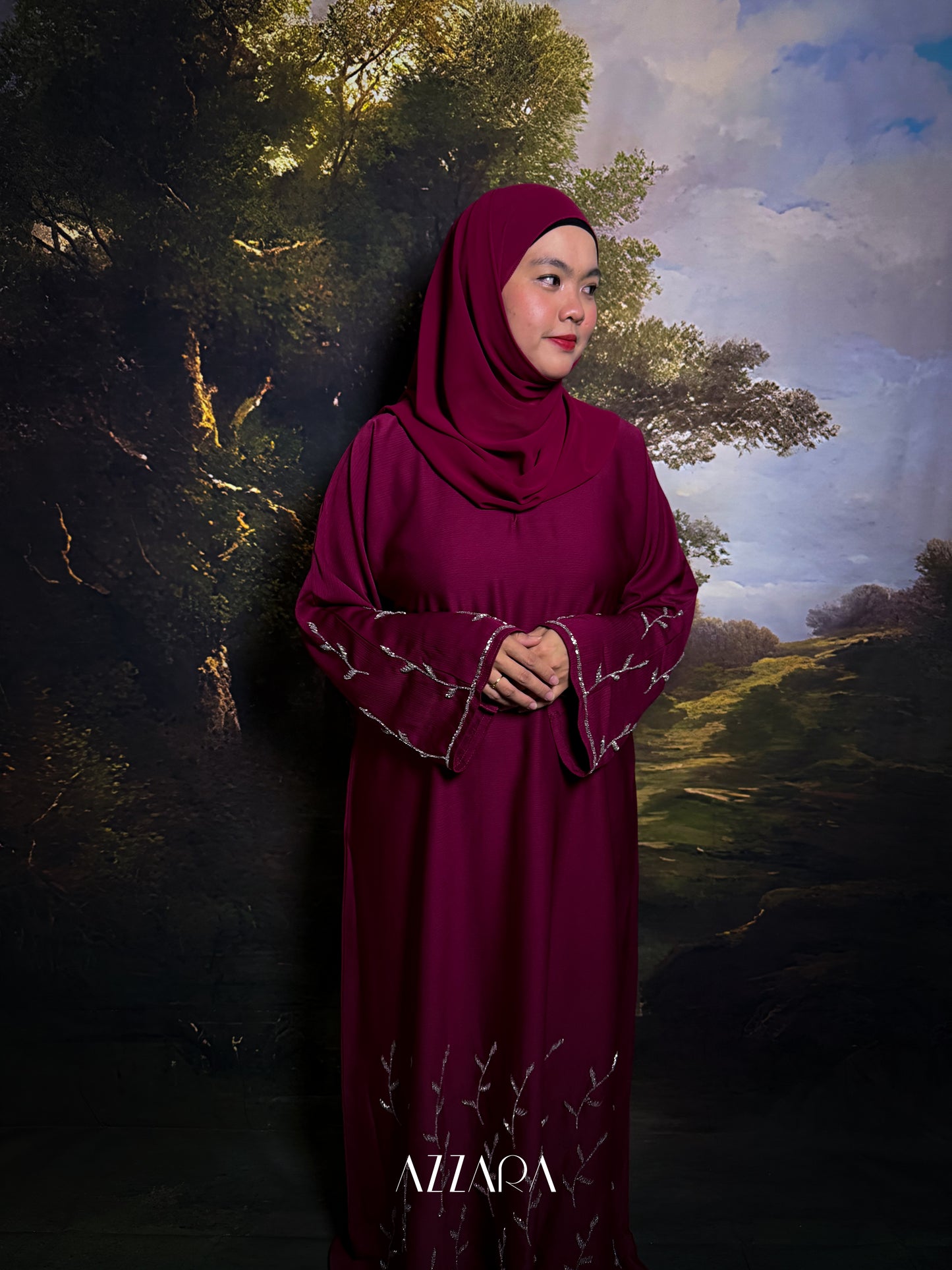 (N020) Zahraat - Leaves design in Burgundy