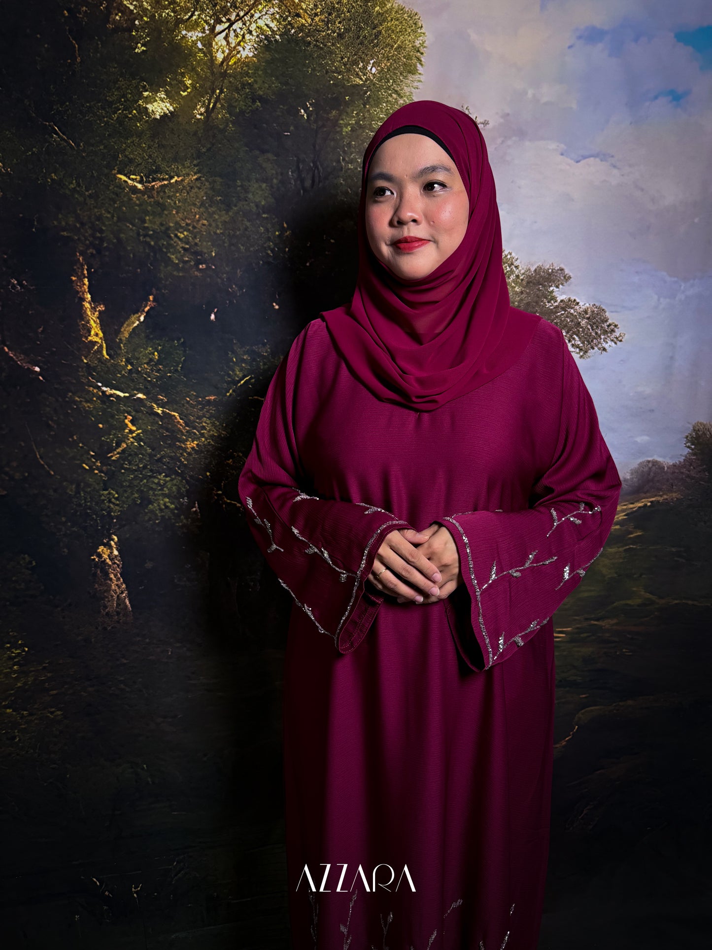 (N020) Zahraat - Leaves design in Burgundy