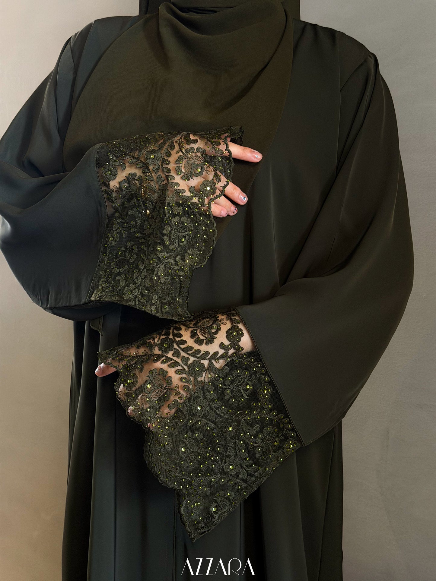 (L018) - Mardin Swarovski Lace in Dark Olive