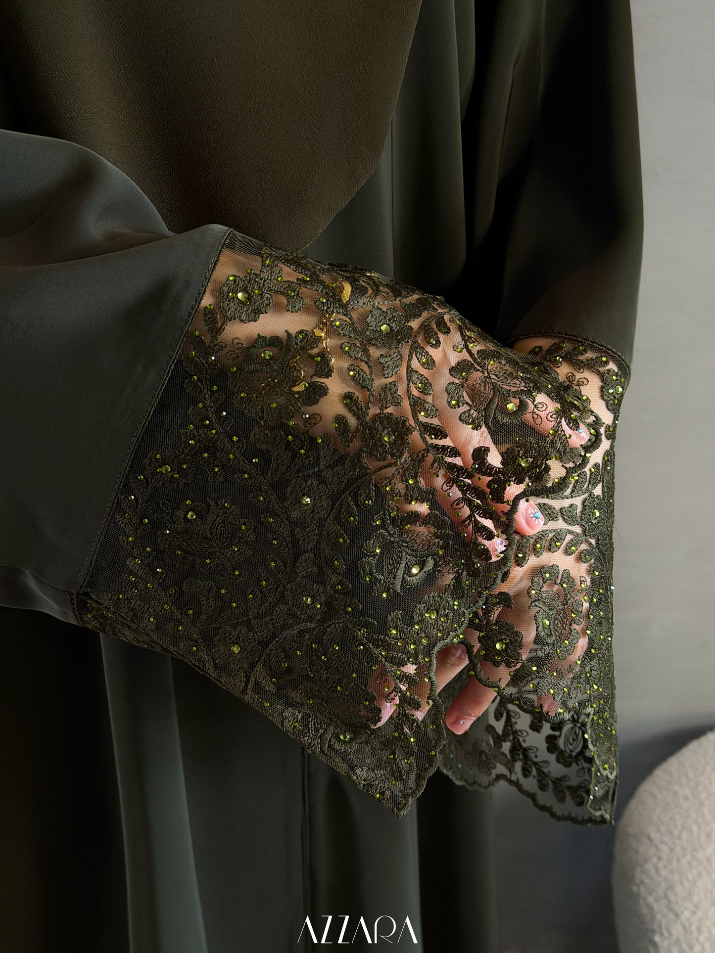 (L018) - Mardin Swarovski Lace in Dark Olive